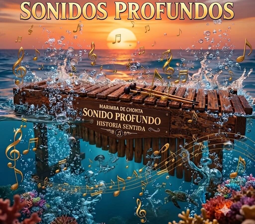 Marimba de chonta emergiendo del océano, emblema de Sonidos Profundos
