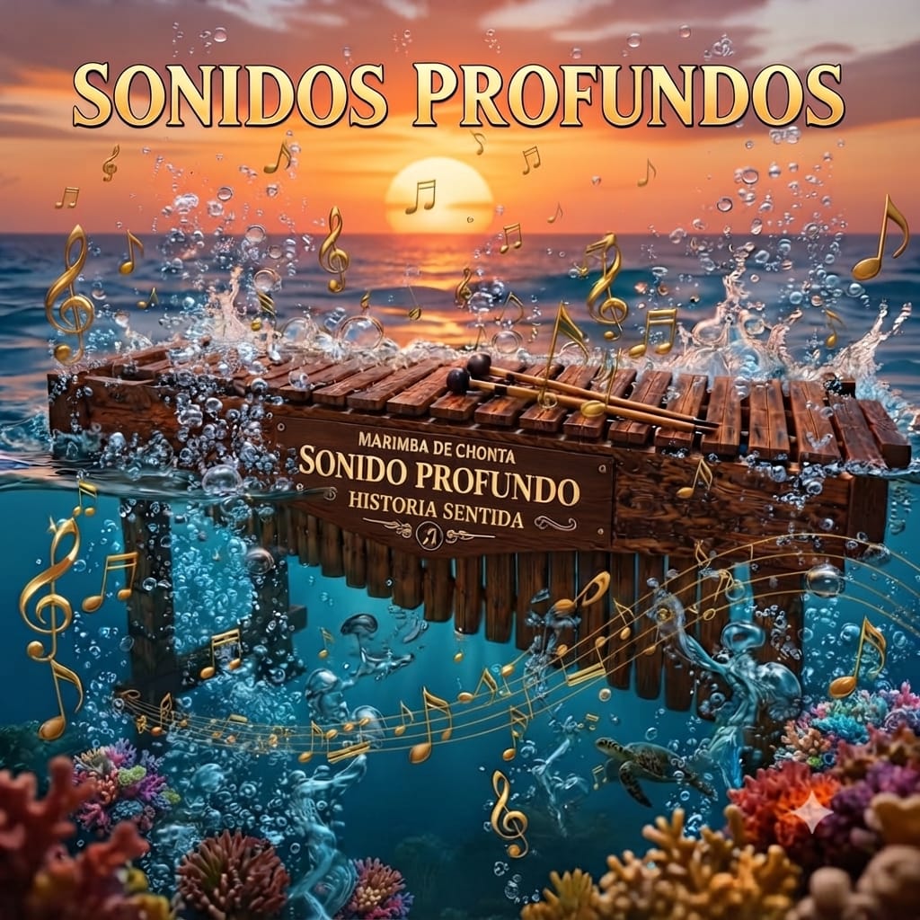 Logo de Sonidos Profundos de Colombia: marimba de chonta emergiendo del océano al atardecer
